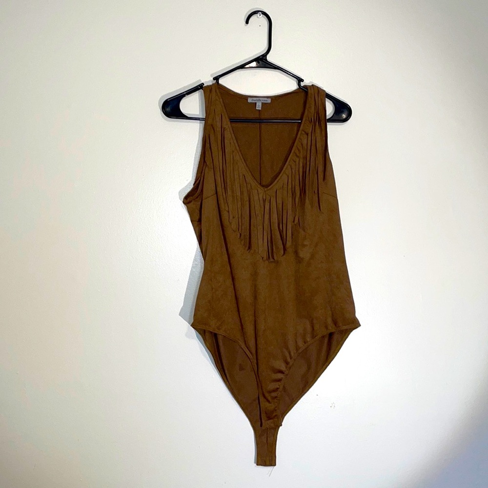 Charlotte Russe Suede Brown Fringe V-Neck Bodysuit